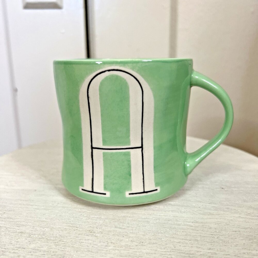 Anthropologie Letter “A” Initial Monogram Green Coffee Cup Mug‎ Hand Painted